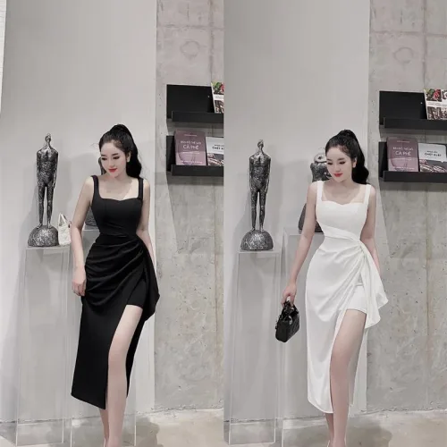Đầm umi lệch xếp xẻ cao 2 dây