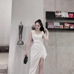 Đầm umi lệch xếp xẻ cao 2 dây