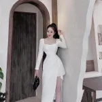 Đầm umi lệch xếp xẻ cao tay dài