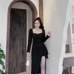 Đầm umi lệch xếp xẻ cao tay dài
