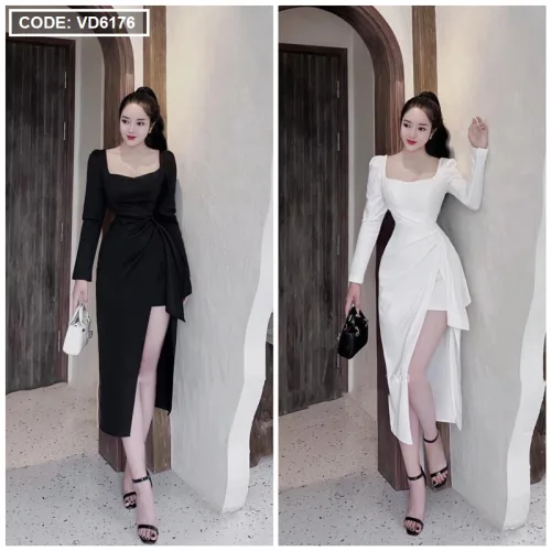 Đầm umi lệch xếp xẻ cao tay dài