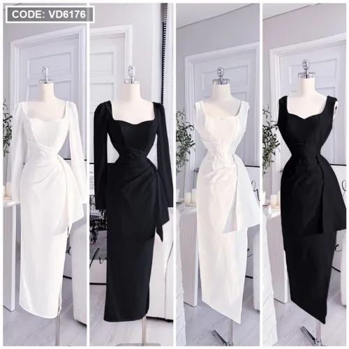 Đầm umi lệch xếp xẻ cao tay dài