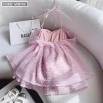 Đầm xốp hồng dây cổ yếm nơ ngực