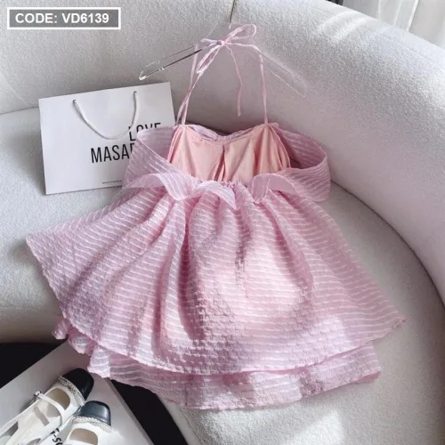Đầm xốp hồng dây cổ yếm nơ ngực