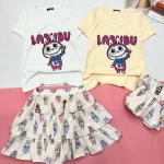 đồ bộ áo thun borip chân váy vải gió nhăn in hình chữ LABUBU