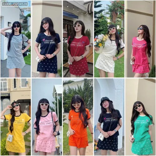 đồ bộ áo thun chất váy in hình nhiều nơ nhỏ