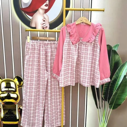 Đồ bộ caro mango quần dài áo tay dài cổ bèo