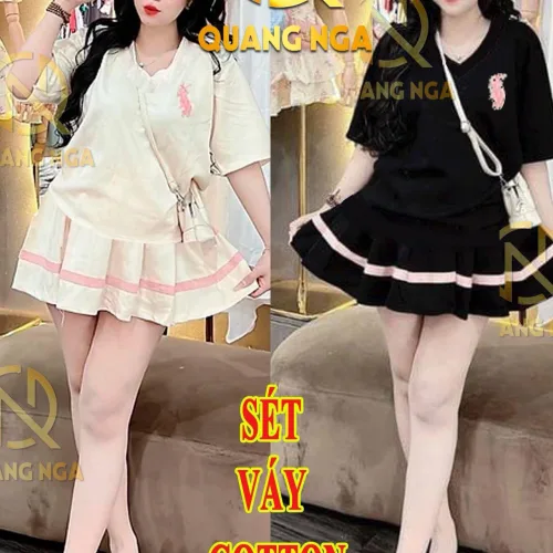 đồ bộ chân váy có sọc dưới áo tay ngắn cổ V