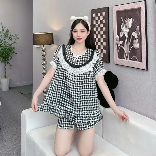 đồ bộ cổ tròn tay bèo phối ren dễ thương