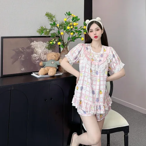 đồ bộ cổ tròn tay bèo phối ren dễ thương