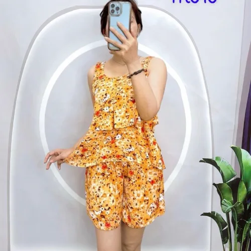 Đồ bộ form rộng quần đùi áo hai dây hoạ tiết bông hoa