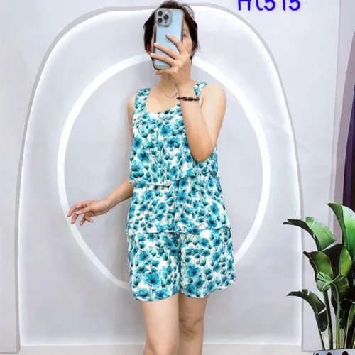 Đồ bộ form rộng quần đùi áo hai dây hoạ tiết bông hoa