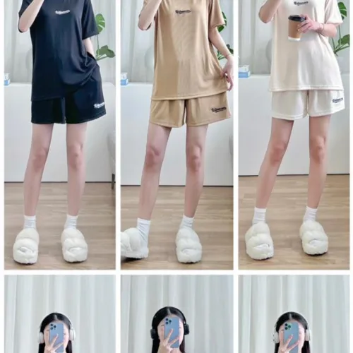 Đồ bộ gân tăm lạnh quần đùi áo tay ngắn in chữ nhỏ