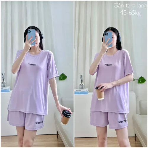 Đồ bộ gân tăm lạnh quần đùi áo tay ngắn in chữ nhỏ