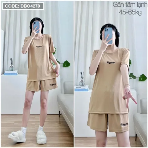 Đồ bộ gân tăm lạnh quần đùi áo tay ngắn in chữ nhỏ