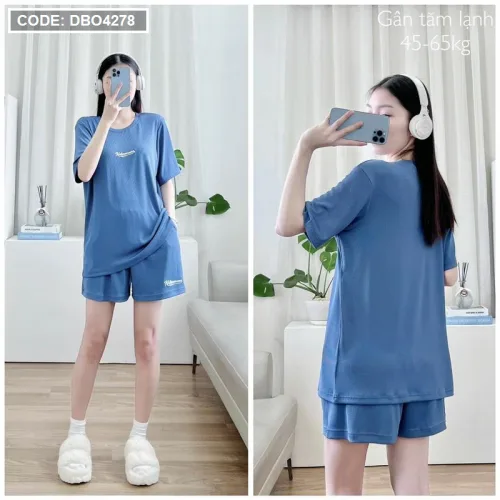 Đồ bộ gân tăm lạnh quần đùi áo tay ngắn in chữ nhỏ
