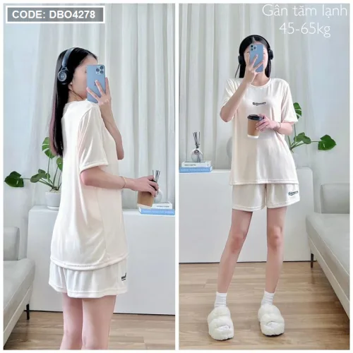 Đồ bộ gân tăm lạnh quần đùi áo tay ngắn in chữ nhỏ