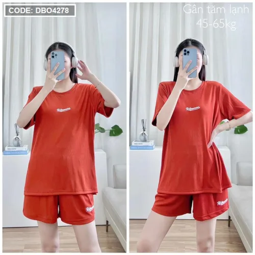 Đồ bộ gân tăm lạnh quần đùi áo tay ngắn in chữ nhỏ
