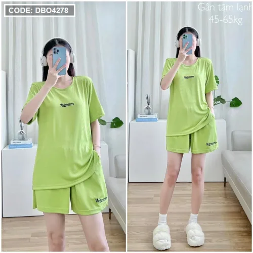 Đồ bộ gân tăm lạnh quần đùi áo tay ngắn in chữ nhỏ