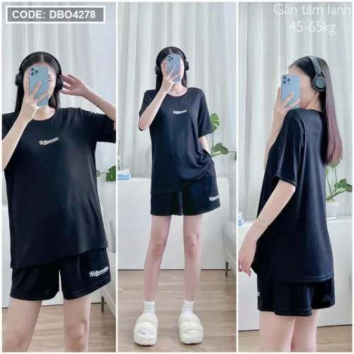 Đồ bộ gân tăm lạnh quần đùi áo tay ngắn in chữ nhỏ