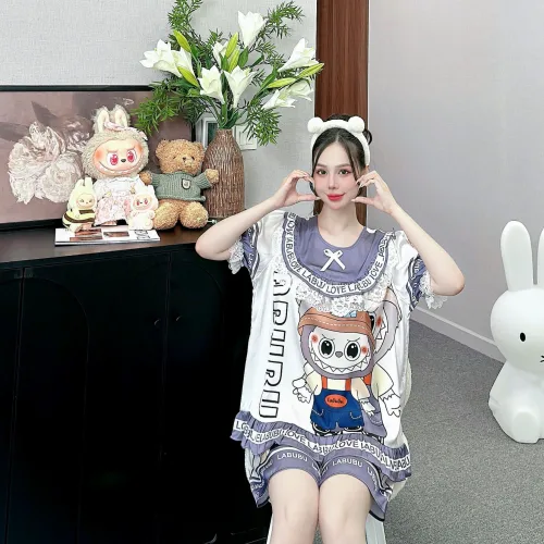 đồ bộ latin cổ tròn tay bèo in nhiều hình labubu