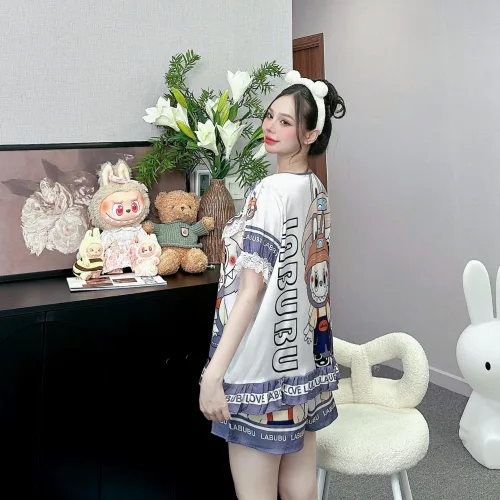 đồ bộ latin cổ tròn tay bèo in nhiều hình labubu