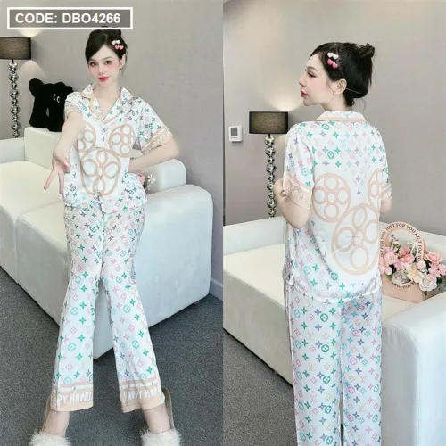 Đồ bộ latin mềm mịn quần dài tay ngắn cổ bẻ in hình