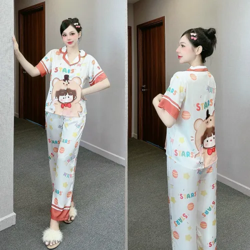 Đồ bộ latin mềm mịn quần dài tay ngắn cổ bẻ in hình