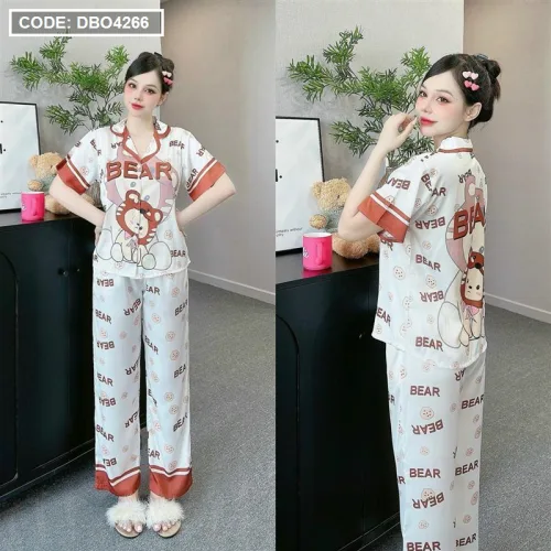 Đồ bộ latin mềm mịn quần dài tay ngắn cổ bẻ in hình