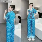 Đồ bộ latin mềm mịn quần dài tay ngắn cổ bẻ in hình