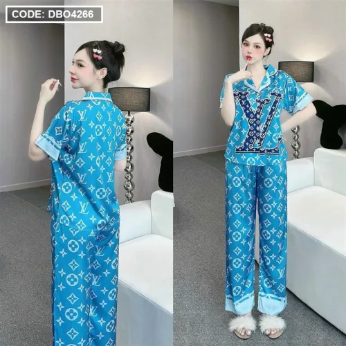 Đồ bộ latin mềm mịn quần dài tay ngắn cổ bẻ in hình