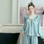 Đồ bộ latin quần dài áo tay dài cổ v ren trắng màu trơn