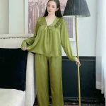 Đồ bộ latin quần dài áo tay dài cổ v ren trắng màu trơn