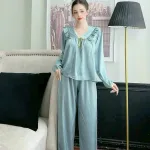 Đồ bộ latin quần dài áo tay dài cổ v ren trắng màu trơn