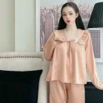 Đồ bộ latin quần dài áo tay dài cổ v ren trắng màu trơn