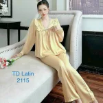 Đồ bộ latin quần dài áo tay dài cổ v ren trắng màu trơn