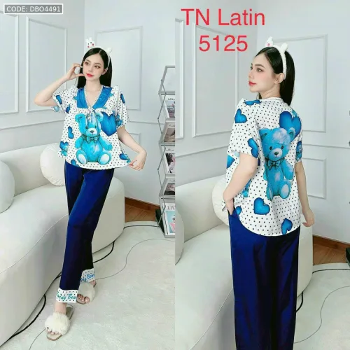 đồ bộ latin quần dài áo V cổ viền nơ in nhiều hình