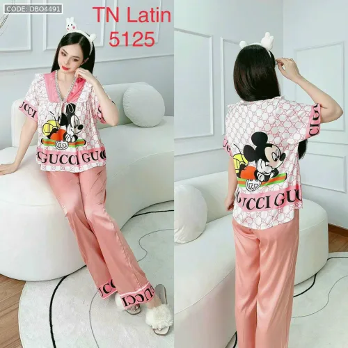 đồ bộ latin quần dài áo V cổ viền nơ in nhiều hình