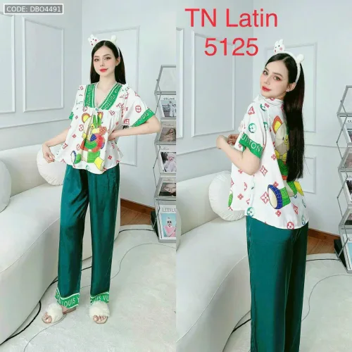 đồ bộ latin quần dài áo V cổ viền nơ in nhiều hình