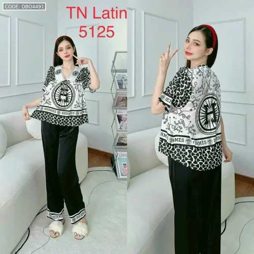 đồ bộ latin quần dài áo V cổ viền nơ in nhiều hình