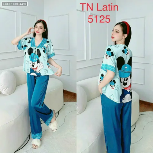 đồ bộ latin quần dài áo V cổ viền nơ in nhiều hình