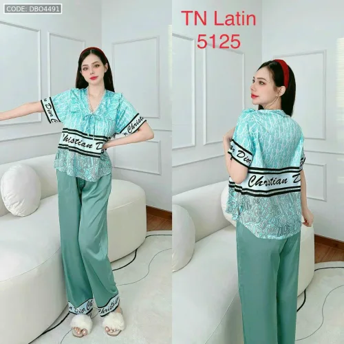 đồ bộ latin quần dài áo V cổ viền nơ in nhiều hình