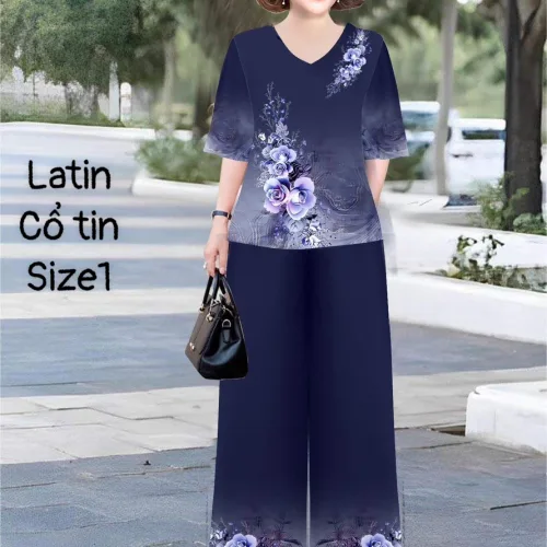 Đồ bộ lụa latin in bông trung niên Có 2 size