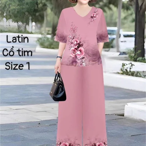 Đồ bộ lụa latin in bông trung niên Có 2 size