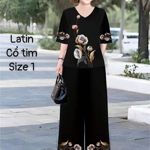 Đồ bộ lụa latin in bông trung niên Có 2 size