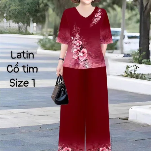 Đồ bộ lụa latin in bông trung niên Có 2 size