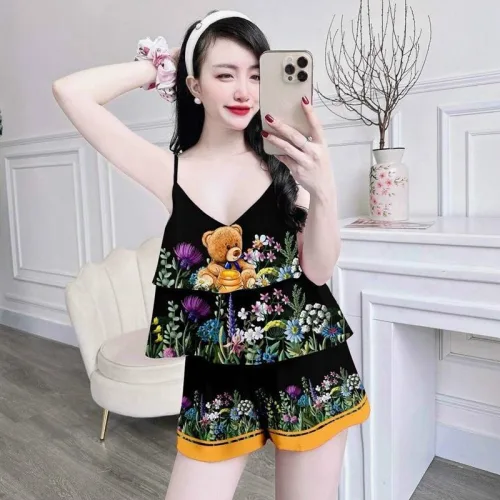 Đồ bộ mặc nhà quần đùi áo dây 1 tầng in hoạ tiết dể thương