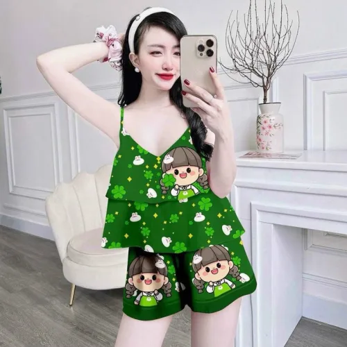 Đồ bộ mặc nhà quần đùi áo dây 1 tầng in hoạ tiết dể thương