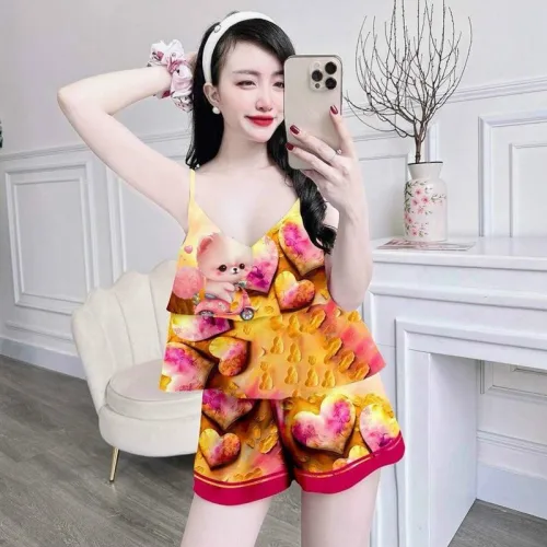 Đồ bộ mặc nhà quần đùi áo dây 1 tầng in hoạ tiết dể thương