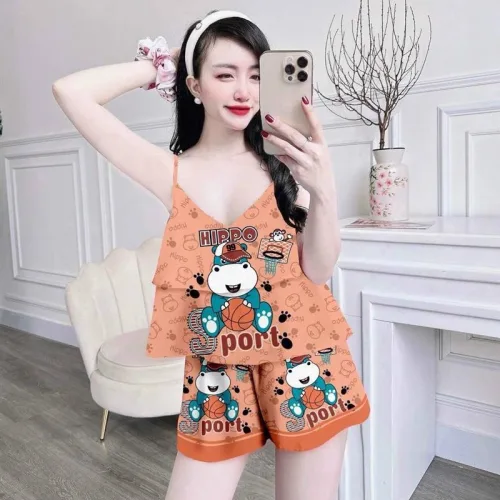 Đồ bộ mặc nhà quần đùi áo dây 1 tầng in hoạ tiết dể thương